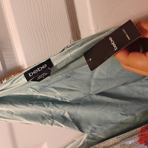 NWT Bebé Printed Sequin Jumpsuit Teal Elia Floral Stunning Classy Size 12 - Picture 6 of 12